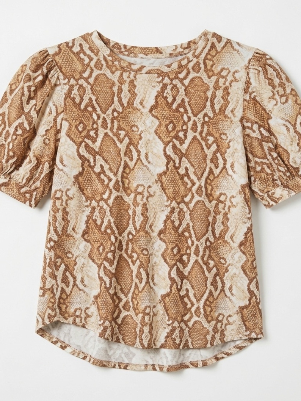Tinsel Women’s Petite Large Snakeskin Blouse Puff Sleeves Sloped Hem Beige PL